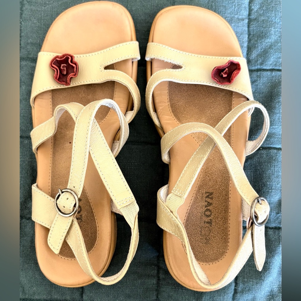 Naot Cream Wedge Sandals with Red Flower Accent, size 38